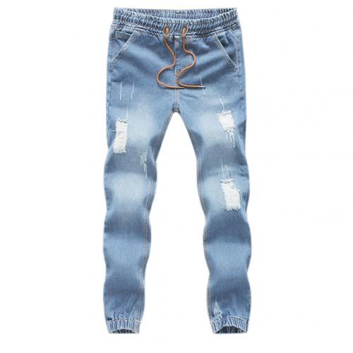 Men All-Match Comfortable Jeans Drawstring Slim Ripped Denim Ankle Length Jogging Casual Pants for Daily Life Порванные: Light Blue / XXL