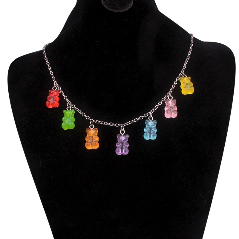 7 Colors Rainbow Cute Jelly Bear Gummy Necklaces for Women Girls Cool Punk Girl Hip Hop Resin Necklaces Women's Accessories: alloy chain