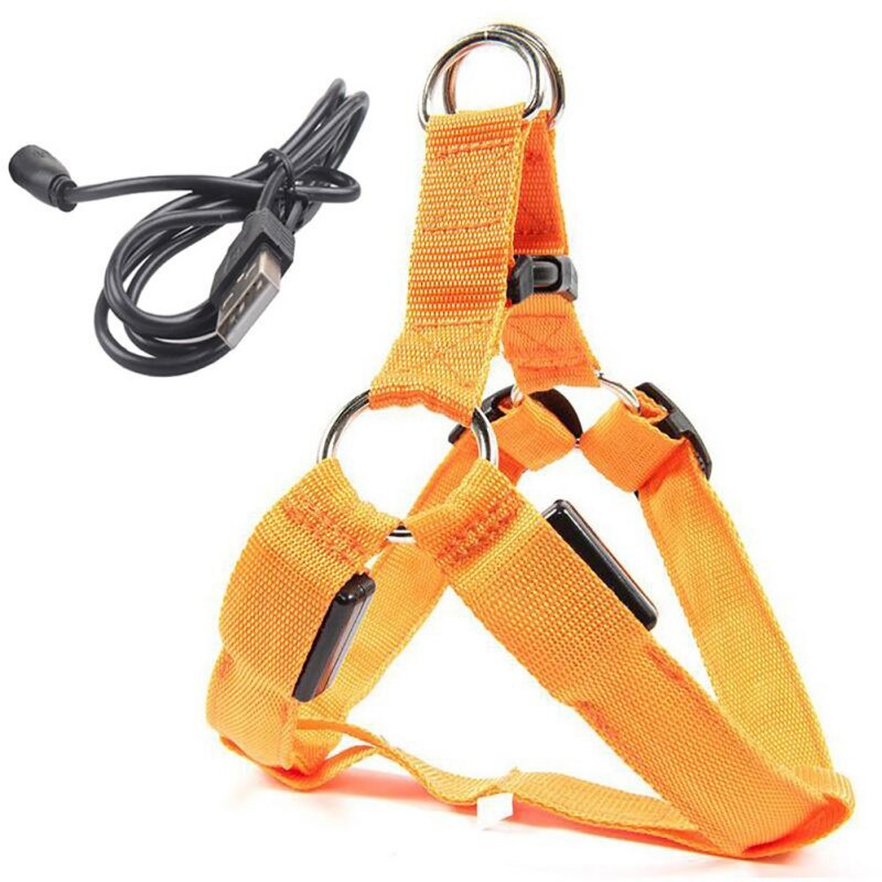 USB LED Dog Harness Pet Cat Dog Collar Harness Vest Safety Lighted Dog Harness Pet Dogs Luminous Fluorescent Collars: Orange / XL