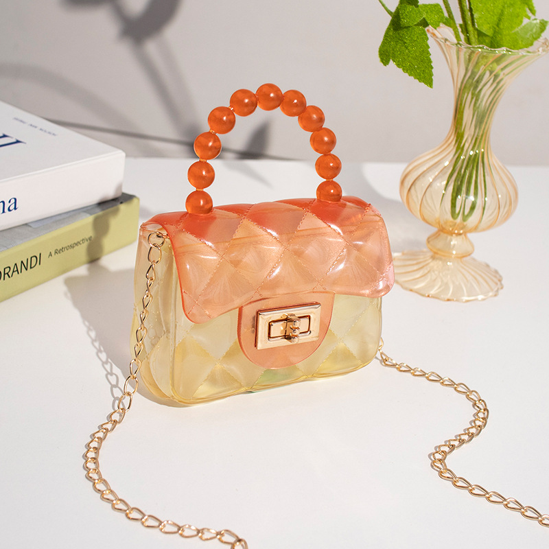 Mini sac à main en perles pour femmes, de petits sacs carrés en gelée, pochette à bandoulière de styliste avec chaînes de luxe: Orange