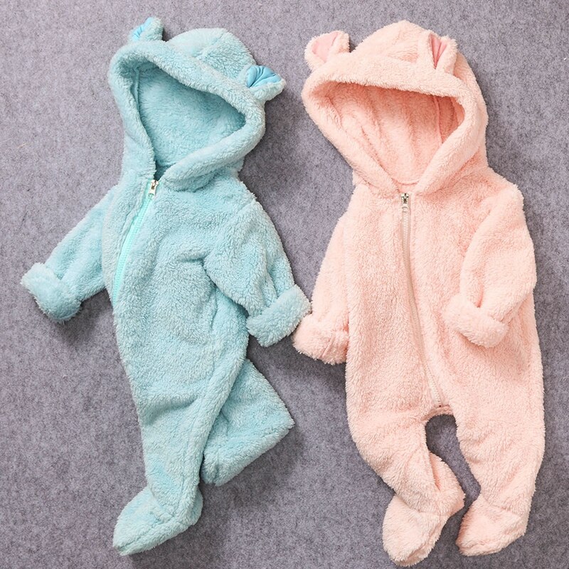 Baby Winter Jumpsuit Mooie Lange Mouwen Fleece Hooded Romper Solid Uitloper Pyjama Stijl Voor Baby Meisjes Jongens 0-2Y