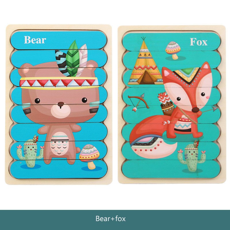 Kids Brain Wooden Toy Double-sided 3D Puzzle Strip Puzzle Telling Stories Stacking Jigsaw Montessori Toy for Children: style 12