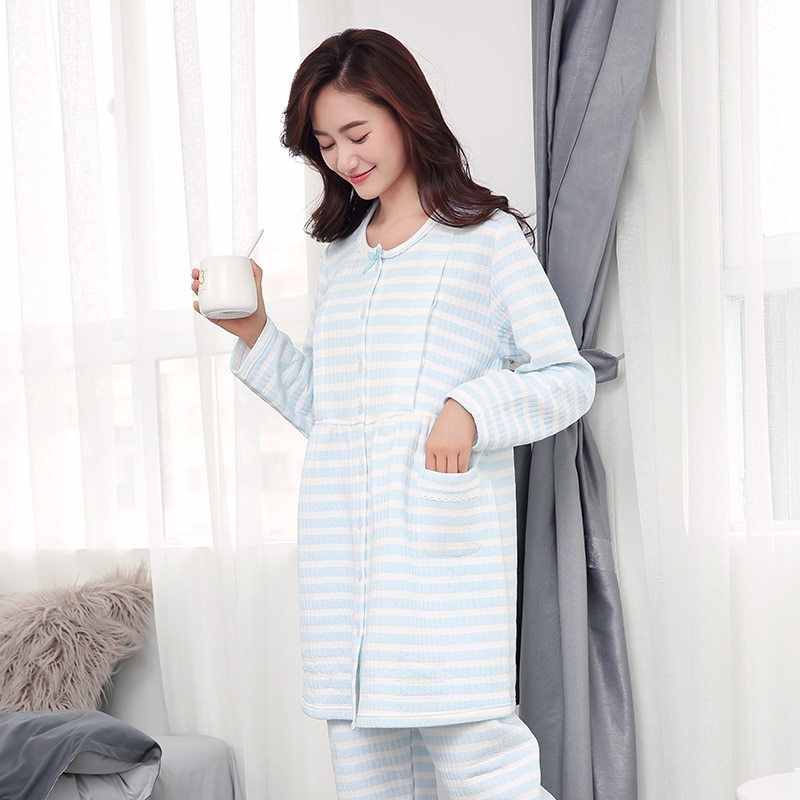 Graviditets plejesæt gravid pyjamas nattøj til efter fødslen bomuldstoppe og bukser langærmet tøj stribet pyjamas til gravide