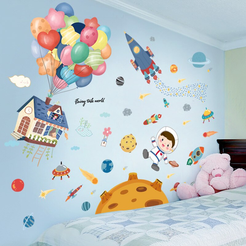 [Shijuehezi] Outer Space Muurstickers Diy Planeten Rockets Astronaut Muurstickers Voor Kinderen Kamers Baby Slaapkamer Home Decoratie: rocket and balloons