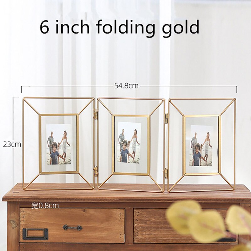 Geometrisk metalglas fotoramme, der kan foldes, roterbar stereokombination, glasramme, skrivebordsdekorationer til bryllup, boligindretning: 6 tommer foldet guld