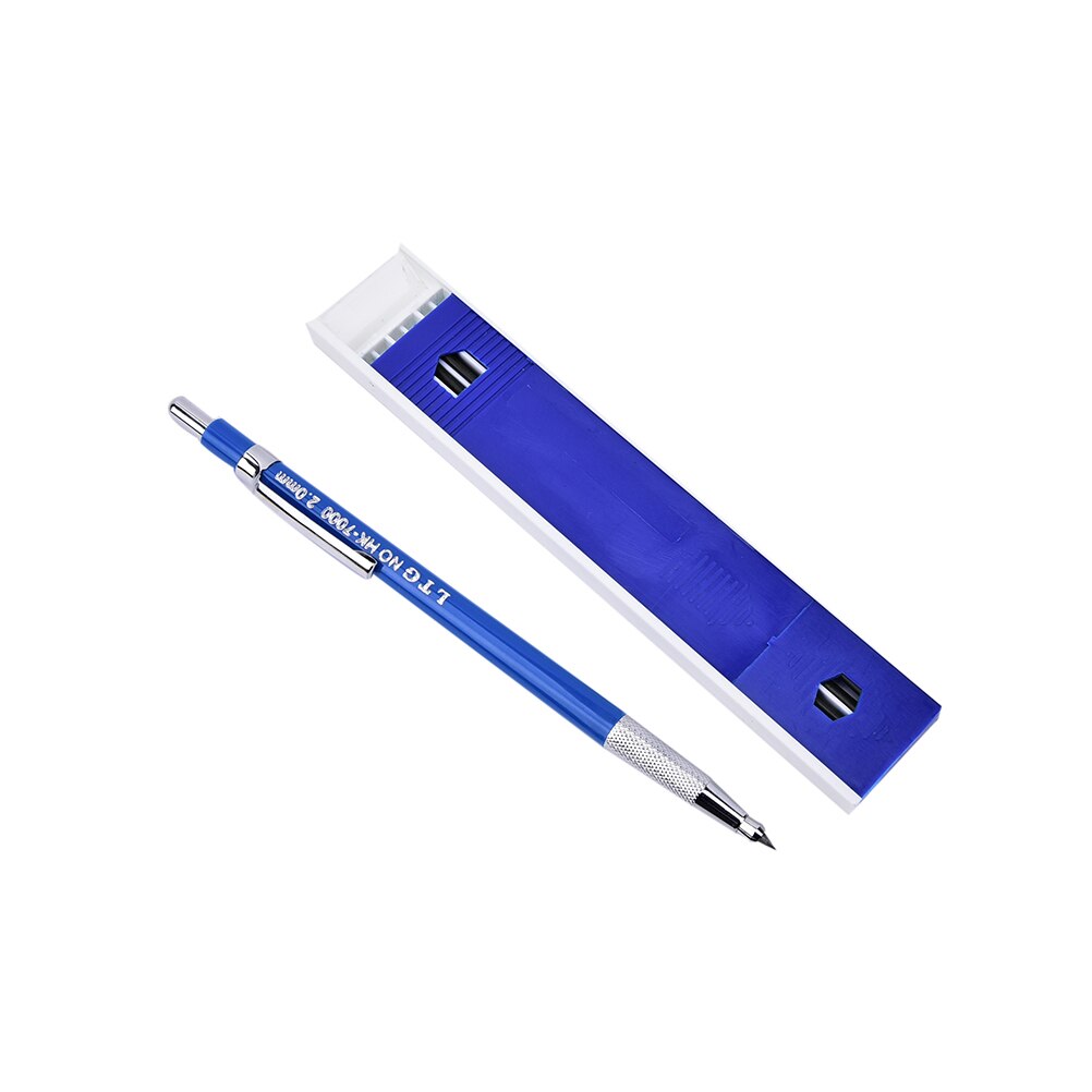 Metalen mechanische potloden 2.0 mm 2b stiften houder tekenpotloodset met 12 stuks stiften schrijfbenodigdheden schoolbenodigdheden: Blauw