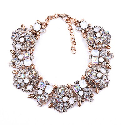 Fatpig Party Charm Rhinestone Flowers Necklace Women Crystal Jewelry Choker Statement Bib Collar Necklace halloween: white