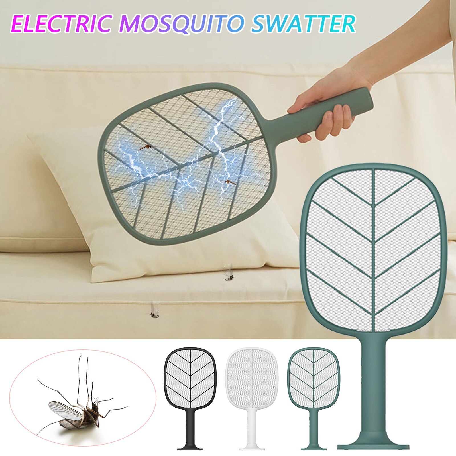 Raquette anti-moustiques électrique, 2200v, avec lampe Uv, Rechargeable par Usb, 1200mah, piège, pour tuer les insectes volants, pendant l'été