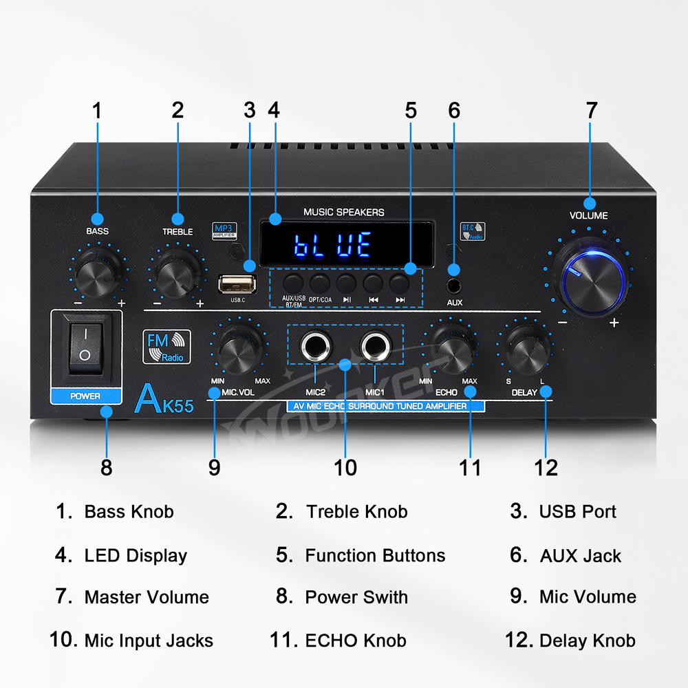 Woopker AK55/AK45 Pro/AK45/AK35 wzmacniacz dźwięku Bluetooth wzmacniacz cyfrowy do domowego samochodu Karaoke 2 kanał HiFi wzmacniacz audio FM USB
