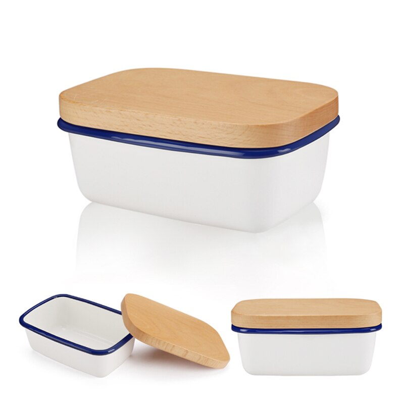 Nordic Butter Box Ceramic Butter Plate Keep Fresh Kitchen Food Butter Cheese Sealing Container Storage Box with Wooden