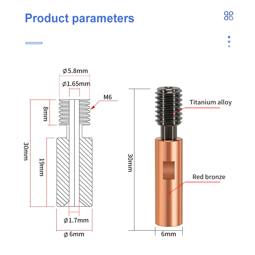 E3D V6 Heatbreak Heatsink KP3S 3D Printer Titanium Alloy Bi-Metal Throat For Kingroon KP3S/KP3S Pro/KP3S Pro S1/KP3S Pro V2/KP5L