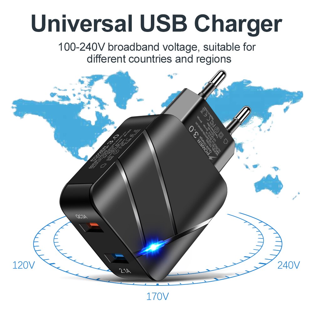 QC 3.0 USB Charger Adapter 5V 2A 28W,Quick Charger 2 USB Port,Universal Adapter Travel Fast Charging Illuminated EU US Wall Plug