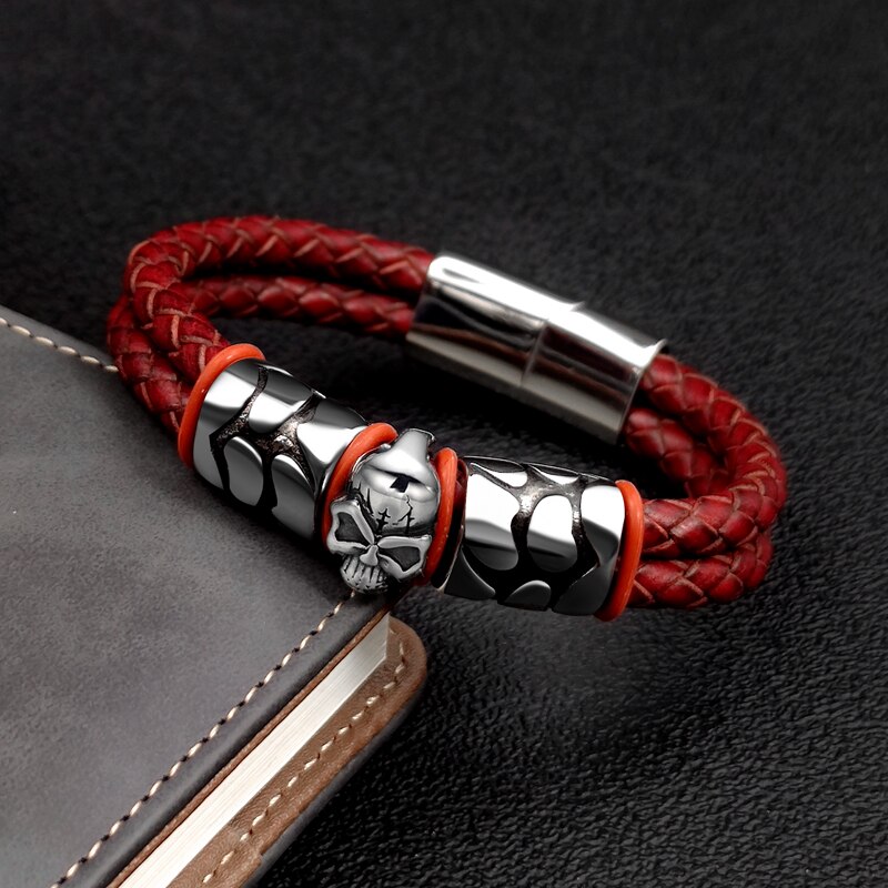 Pop Bohemian Style 316 Stainless Steel Men&#39;s Bracelet Ghost Head Accessories Woven Wine Leather Woman Bracelet 7 Day