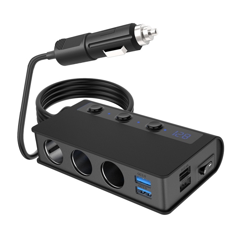 Snabbladdning 3.0 cigarettändare splitter , 12v/24v 3- uttag elbil splitter med led voltmeter strömbrytare , 4 usb snabb ut