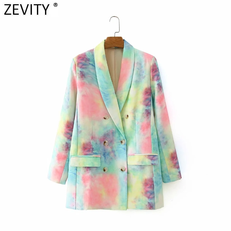 Zevity dames dubbelrijs kleurrijke tie-dye blazer jas dames lange mouwen casual bovenkleding pak chique merk tops  ct557