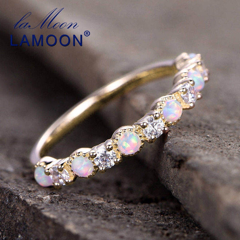 LAMOON 925 Sterling Silver Trendy Rings Birthstone Opal Ring in Engagement Bands for Women 14K Gold Plated Fine Jewelry LMRI125