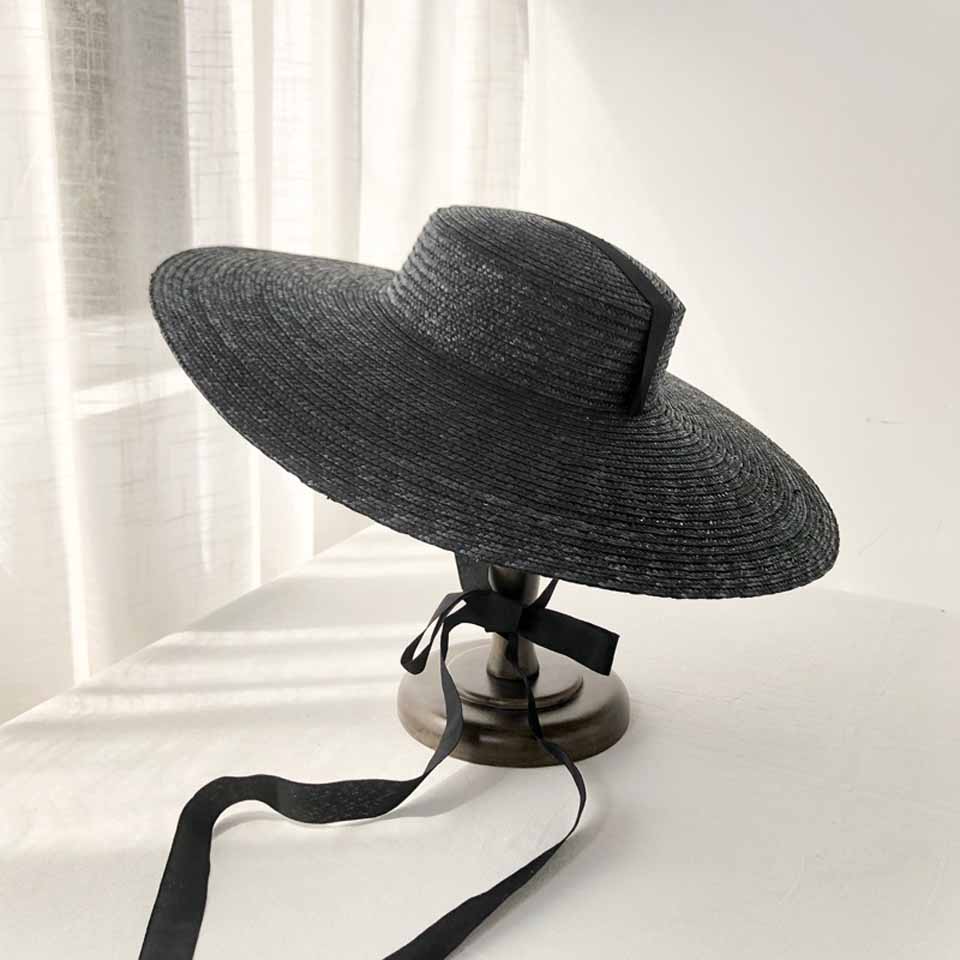 Grote Rand Tarwe Strooien Hoed Zomer Hoeden Voor Vrouwen 10Cm/15Cm/18Cm Rand Met Zwarte & Wit Lint Strand Cap Schipper Platte Top Zonnehoed