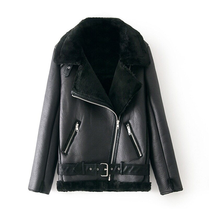 Aachoae Frauen Winter Feste PU Faux Leder Jacke Mit Gürtel Dicke Warme Reißverschluss Langarm Mantel Weibliche Streetwear gepolstert Jacken: Schwarz / M
