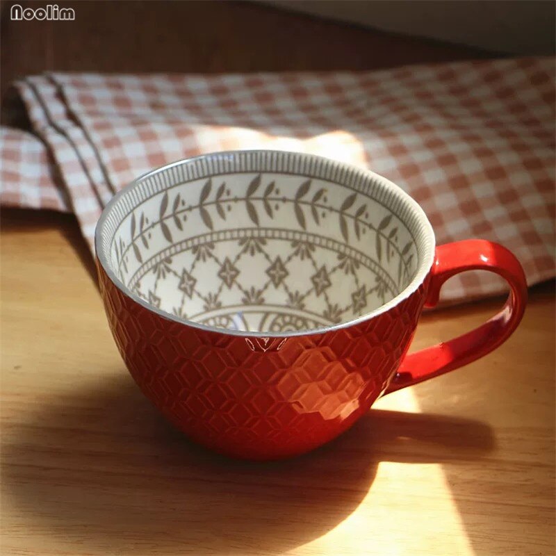 Retro Porcelain Tea Mug Ceramic Hand Painted Office Coffee Tea Mug Embossed Personality Coffee Milk Mug Drinkware Supplies: D