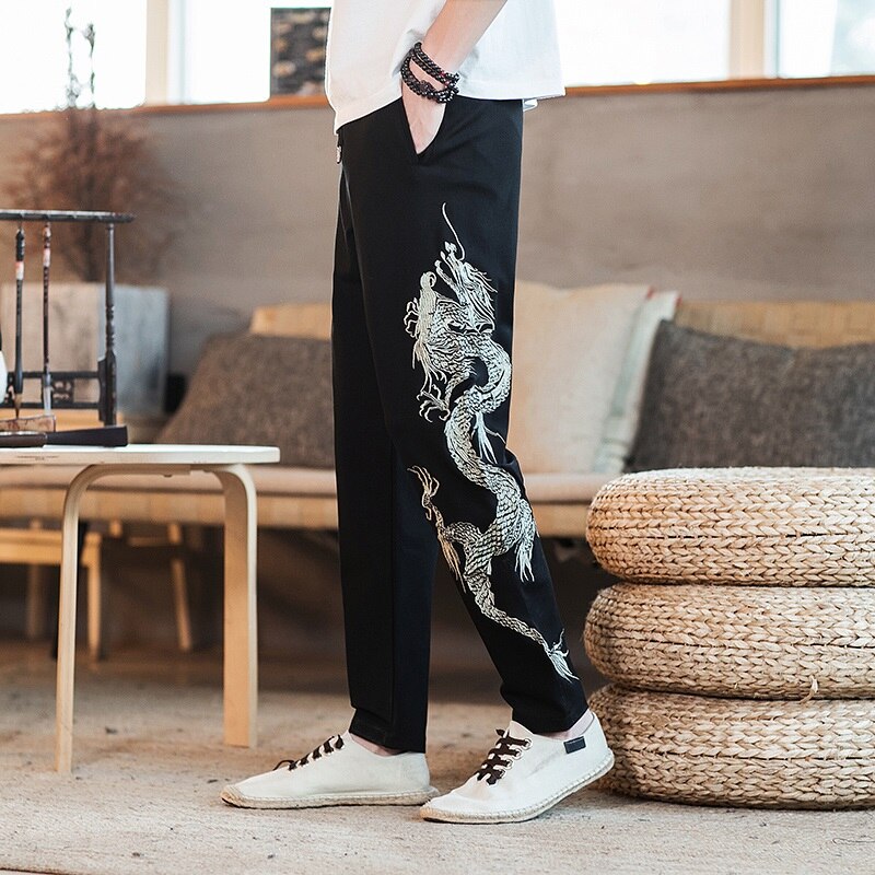 Men Casual Chinese Style Pants Dragon Embroidery Loose Trousers Summer Japanese Elastic Waist Harem Pants Streetwear