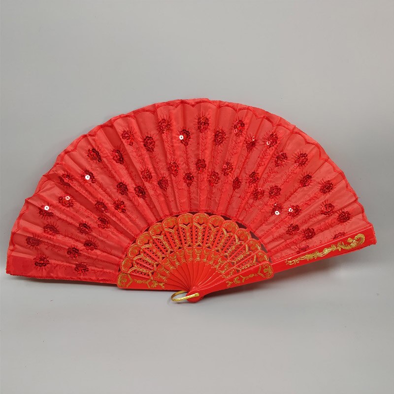 Art Folding Tail Feather Plastic Bone Sequins Carved Hand Fan Summer Accessory Crafts Print Home Decor Embroidery: Red