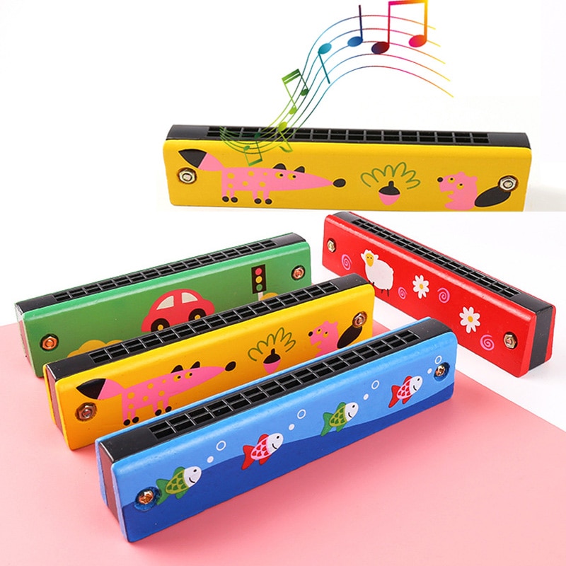 Double Row 16 Hole Harmonica Musical Instruments Children's Wooden Painted Harmonica Early Education Toy Teaching