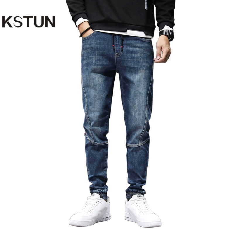 Joggingbukser til mænd jeans elastisk talje snøre blå afslappet tilspidsede herrebukser mænd oversize bukser jeans 42