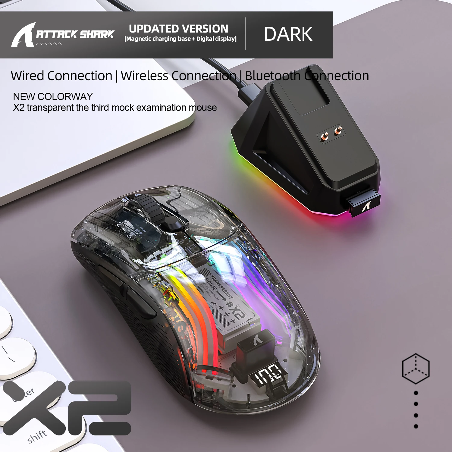 Attack Shark X2 Pro Magnetic Charging Bluetooth Mouse, Tri-Mode , RGB Lights, Transparent, Battery Indicator, Computer Phone: black