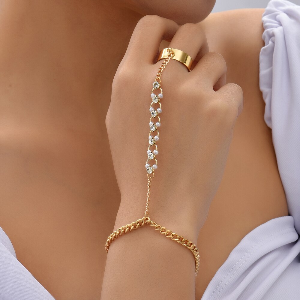 Anel de dedo de strass brilhante anel de dedo ligado para mulheres punk ouro cubana corrente pulseira link mão harness jóias