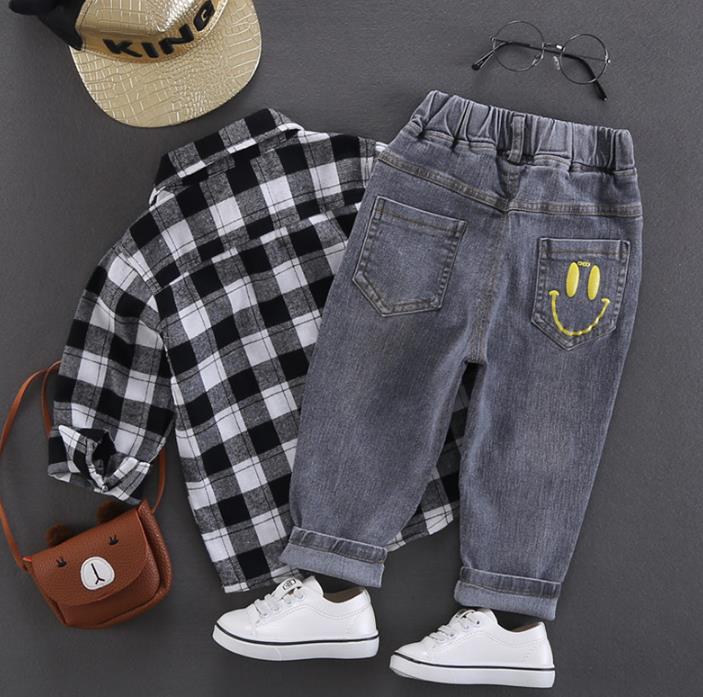 Pantalones vaqueros para niños, pantalones vaqueros negros con estampado bonito, pantalones vaqueros retro, ropa para niños, banda elástica cómoda