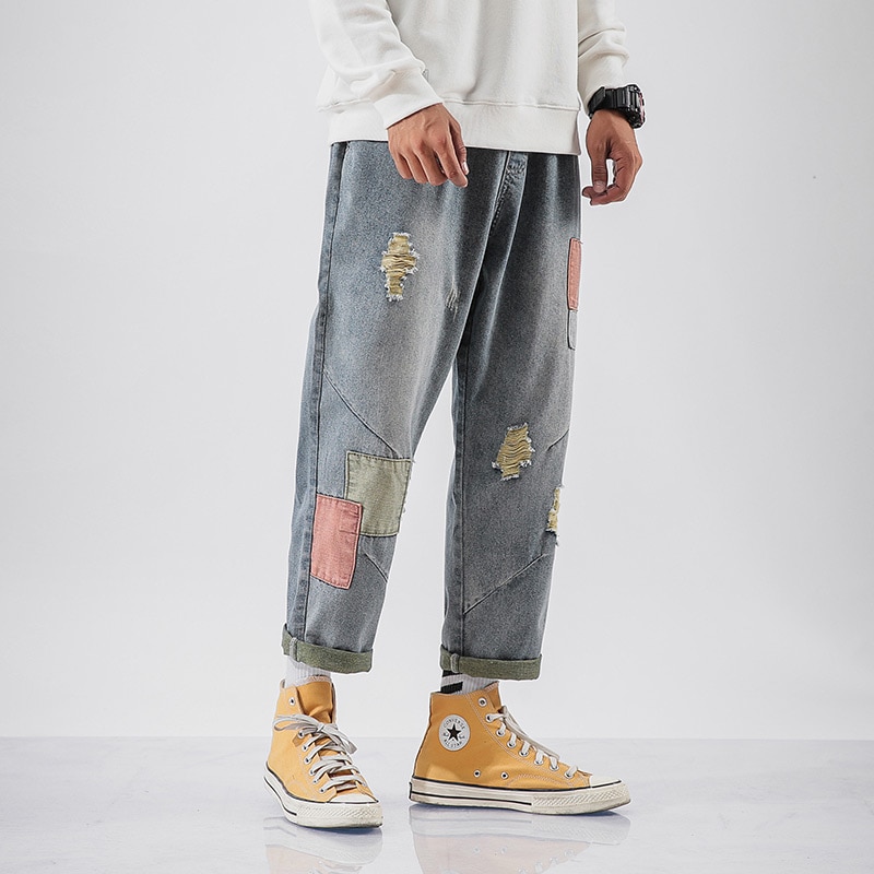 Iidossan japansk harajuku lige denim herre jeans regelmæssigt patchwork elastisk talje streetwear bukser mænd