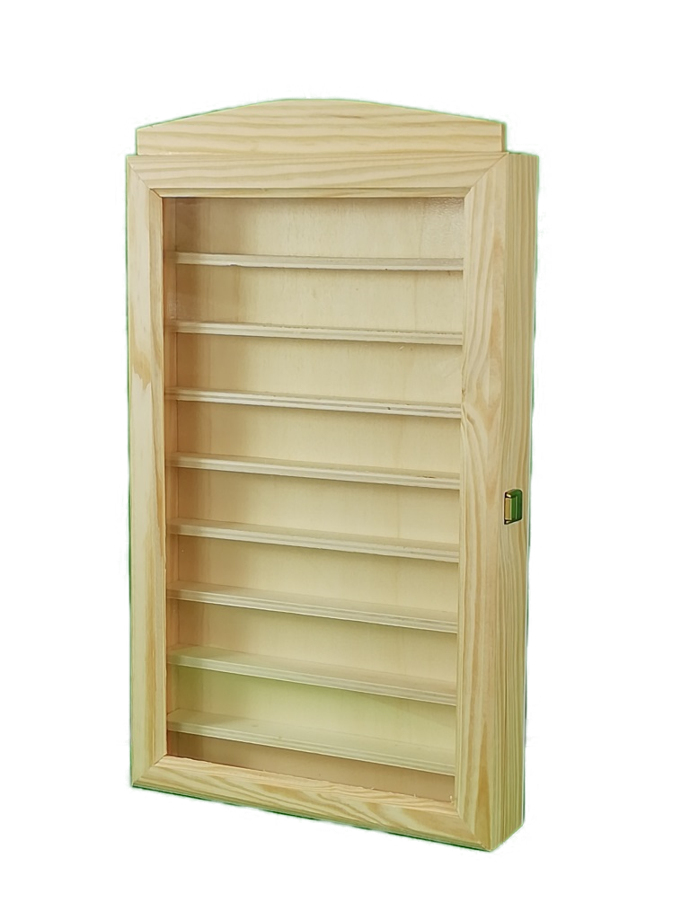 Vitrina colecciones. En madera natural. Se puede pintar. Incluye metacrilato transparente. Medidas: 30*6.5*54 cms.