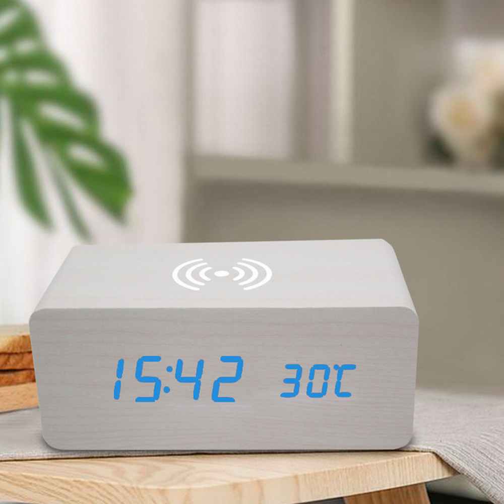 Wireless charging table clock digital alarm clock led decorative clock alarm clock table clock electronic clock with thermometer: Yellow blue