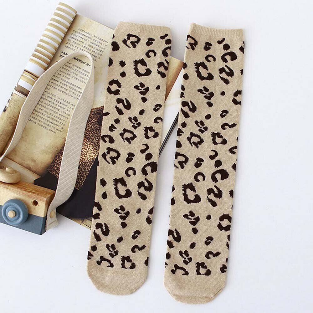 Leopard børnestrømper efterår vinter bløde varme sokker baby pige knæhøje småbørn bomuld knæstrømper børn: Khaki