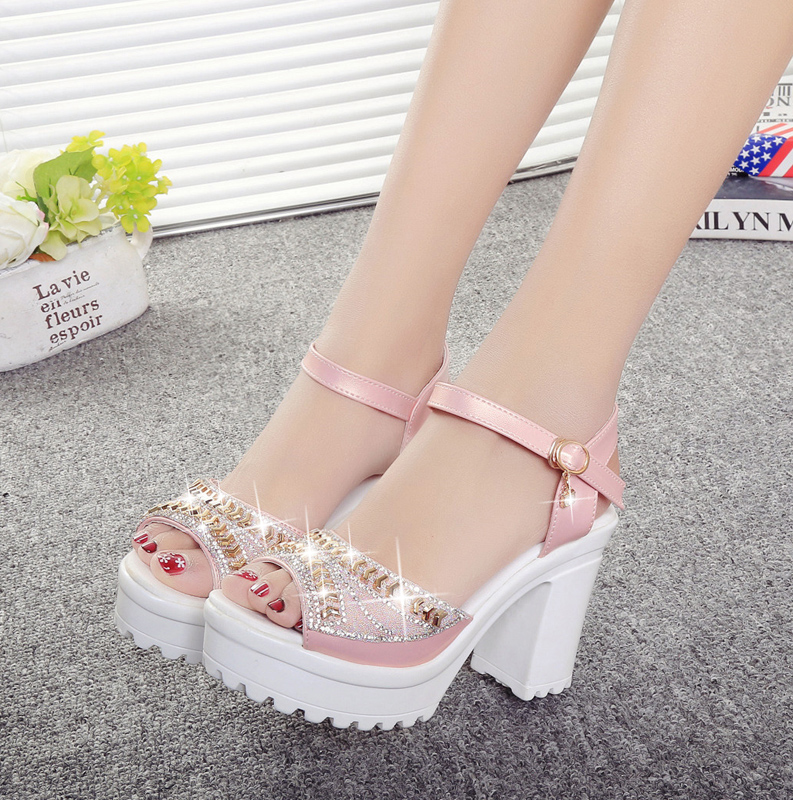 sommer neue strass fisch mund schuhe dicken boden schwamm kuchen wasserdichte plattform hoch Hacke dick mit sandalen frauen