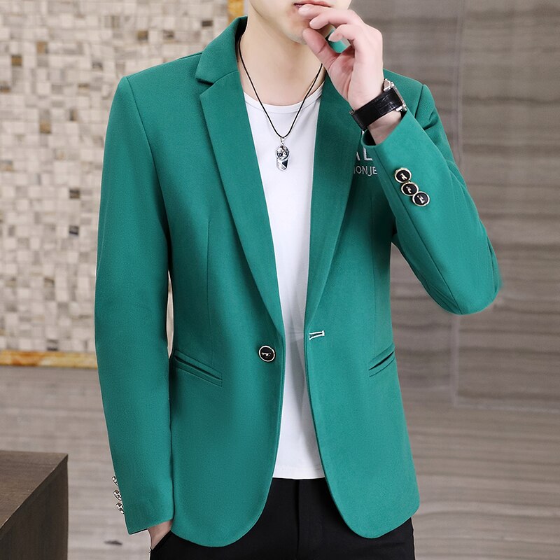 2022 Spring Men Blazers Slim Fit Casual Suit Jacket Solid Color Wedding Business Social Dress Coat Streetwear Men Clothing: green / L