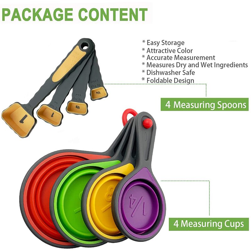 4/8Pcs Silicone Measuring Cup Measuring Spoon Collapsible Baking Measuring Tool Set for Coffee Flour Honey Sugar Baking Spoon