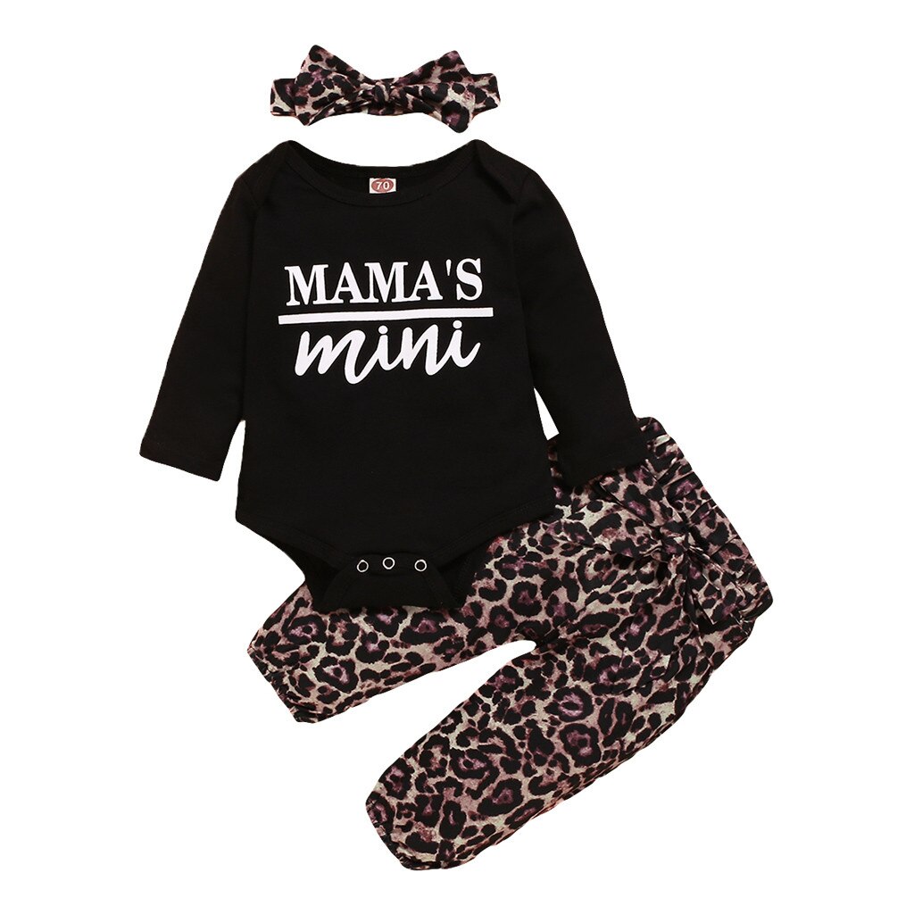 Infantile bébé filles lettre imprimé barboteuse body + pantalon léopard + bandeau tenues avec nœud papillon enfant en bas âge fille vêtements tenues #55: 12M