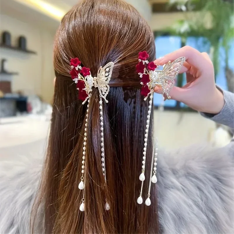 Pinzas de cangrejo y tiburón para niña, accesorios para el cabello, horquilla coreana para mujer, pinza para el cabello Simple de cristal, pinza para el cabello con borla de perlas y mariposa