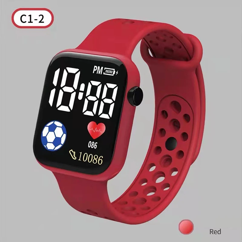 2024 LED-Digitaluhr für freundlicher, Jungen, Mädchen, FußBall, Sportuhren, Silikon-Digitaluhr, lässige elektronische freundlicher-Armbanduhr: Rot