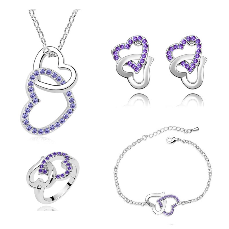 Collier avec strass en cristal tchèque, collier Double cœur, bracelet boucles d'oreilles, ensemble de bijoux à la pour femmes, joli: purple