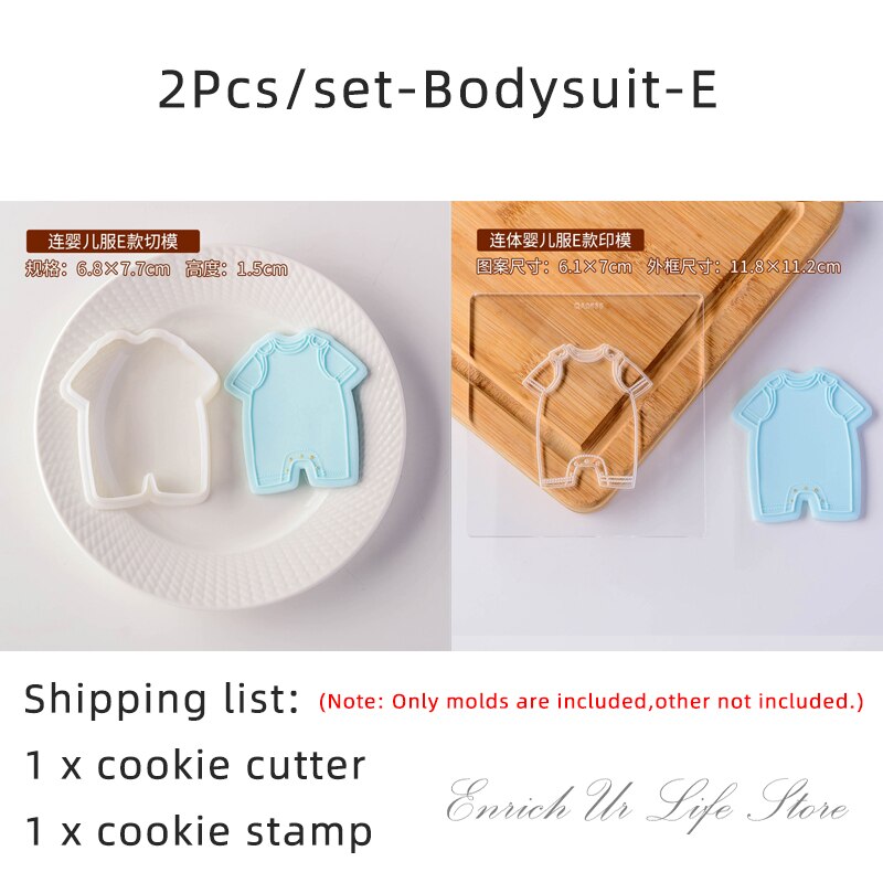 2Pcs Baby Clothes Embossed Cookie Mold Kids Birthday Cake Decorating Tools Fondant Biscuit Cutter Boy Girl Party Dessert Mold: BodySuit-E