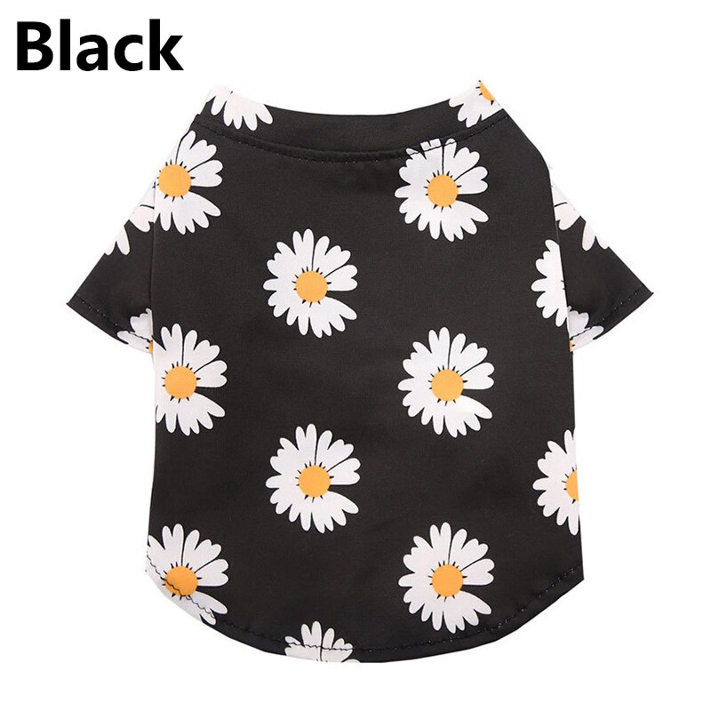 Summer Pet Dog Cotton T Shirt Overalls Daisy Print Pet Clothes Outfit For Small Dogs Soft Leisure Clothes For Puppy: Black / XL