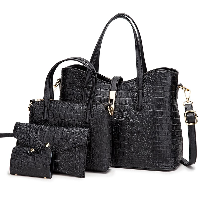 Crocodile women's bag messenger bag four piece mother bag: Classic Black