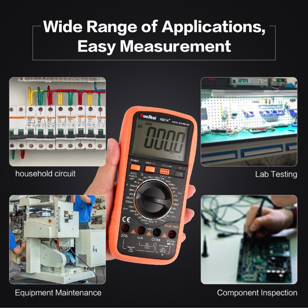 9807A+ Digital Multimeter 19999 Counts True RMS AC/DC Volt Amp Ohm Capacitance Frequency Diode hFE Continuity Tester