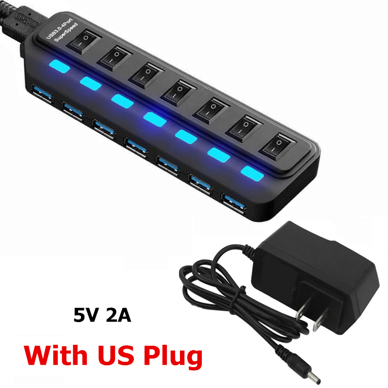 USB HUB 3.0 4 7 Poorten met Schakelaar LED Meerdere USB Splitter US/EU/AU/UK power Adapter voor Laptop PC Computer Accessoires: 7 Ports with US Plug