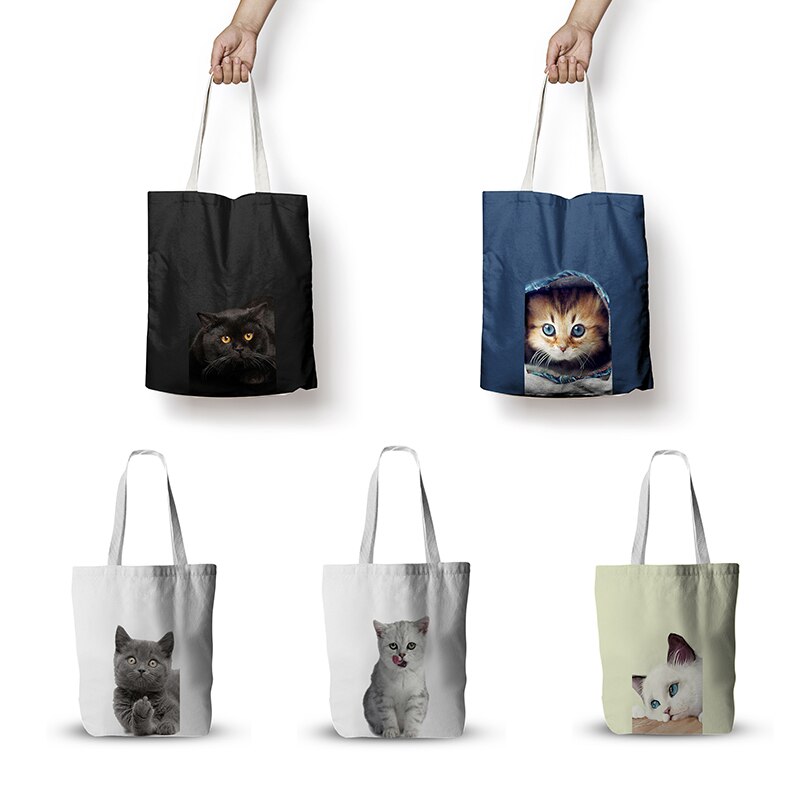 Eenvoudige canvas tas, grappige schattige kat, handtas, boodschappentas voor vrouwen, koreaanse harajuku, grote capaciteit schoudertas, eco-tas