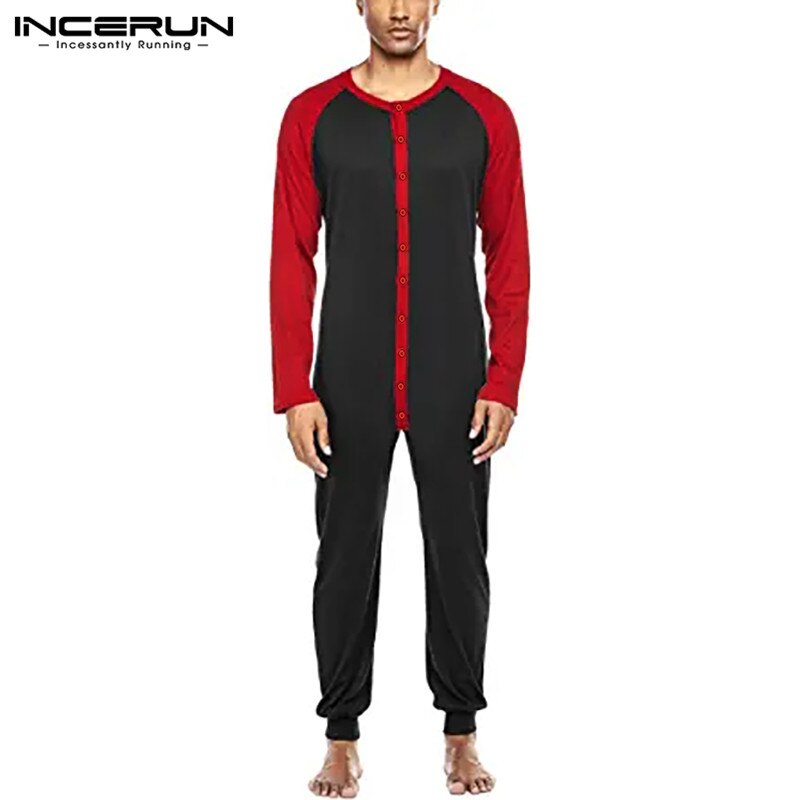 Man Long Sleeve O Neck Nightgown INCERUN Men Sleepwear Jumpsuits Leisure Patchwork Onesies Fitness Button Up Romper Homewear 5XL