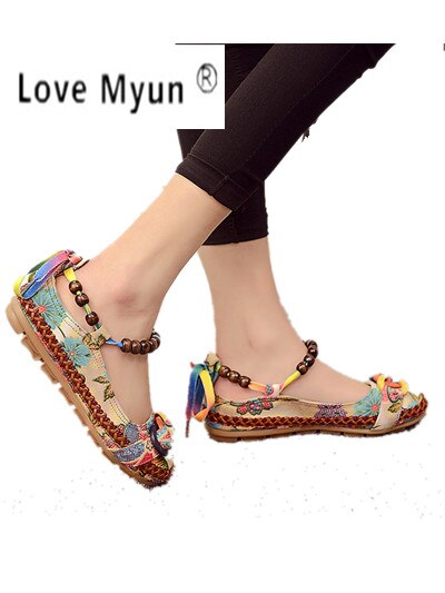 Zapatos planos informales de talla grande 42, Zapatos planos de Mujer hechos a mano con cuentas, mocasines de tiras, Zapatos Retro étnicos bordados para Mujer