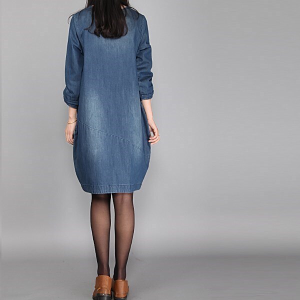 Maternity Denim Autumn Dress Long Sleeve O-Neck Loose With Pocket Dresses for Pregnant Women Pregnancy Comfortable Clothes